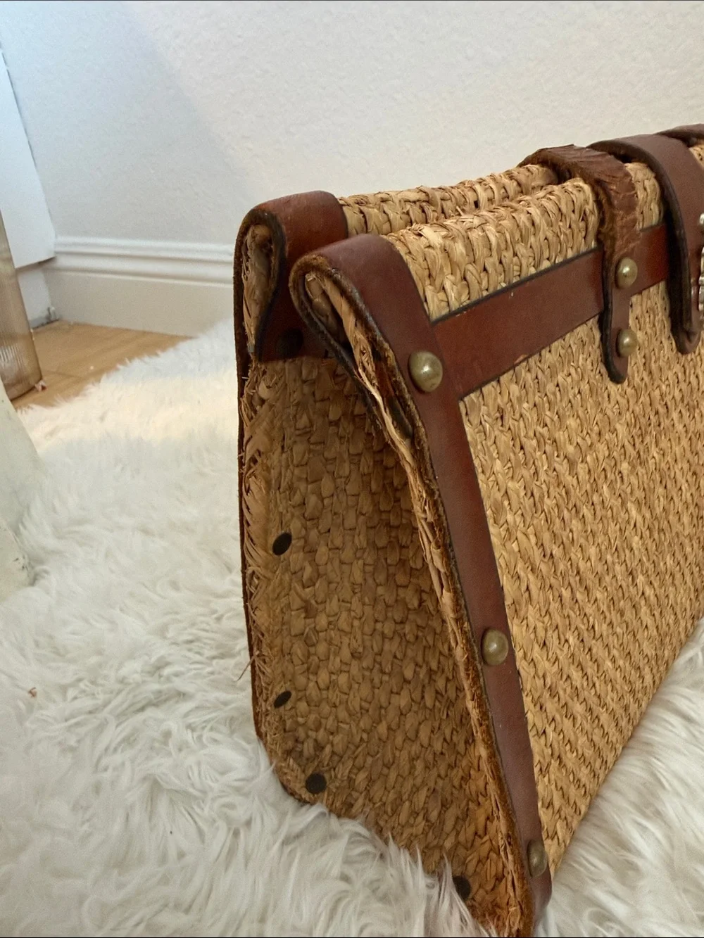 1960’s John Romain Bohemian Straw Attaché Bag  with Brown Leather Trim